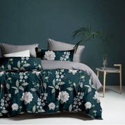 Двуспальный комплект постельного белья на резинке из сатина “Rossox“ Зеленый с серыми цветочками и веточками и фото
