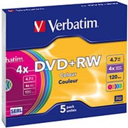 Оптический диск DVD плюс RW 4.7 Гб Verbatim 4-ск. многократный тонкий-слим- цветные