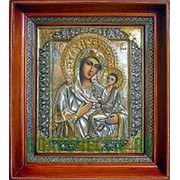 Ялтинская церковная мастерская Тихвинская Богородица, серебряная икона с золочением в киоте Высота иконы 35 см