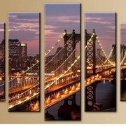 Пятипанельная модульная картина 80 х 140 см Мост у большого города горящий желтыми фонарями фото