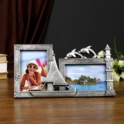 Фоторамка пластик на 2 фото 10х15 см “Парусник и дельфины“ тёмное серебро 17,5х33,5 см фото