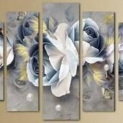 Пятипанельная модульная картина 80 х 140 см Бело-синие розы и бабочки на серо-голубом фоне фото