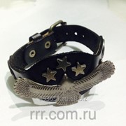 Черный кожаный мужской браслет украшенный орлом и звездами. 1004 фото