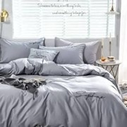 Комплект постельного белья Евро из сатина и жатки “Mency“ Бело-серый с надписями фотография