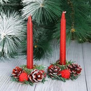 Новогодние свечи с подсвечником “Красный блеск“ (набор 4 шт) 3,5*11*15 см фотография