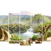Пятипанельная модульная картина 80 х 140 см Тропинки и арки у городка в горах с рекой и водопадом фотография