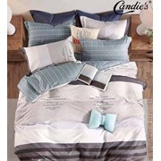 Семейный комплект постельного белья из сатина “Candie's A+B“ Серо-бело-бежевый с полосками и надписями и фото