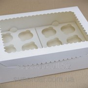 Коробка для 12 кексов, капкейков, маффинов с прозрачным окном, 355х250х100 мм, белая фотография