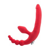 Красный безремневой страпон с вибрацией и анальным отростком ToyFa 901401-9
