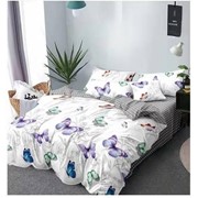 Двуспальный комплект постельного белья на резинке из поплина “Alorea A+B“ Белый с разноцветными бабочками и фотография