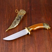 Сувенирный нож, 31 см рукоять под дерево с головой медведя, ножны расписные