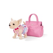 Плюшевая собачка Чихуахуа, в платье и с браслетом, в розовой сумочке фото