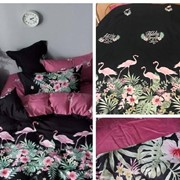 Комплект постельного белья Евро из сатина “Mency“ Черный с полосой из пальмовых веточек и розовых цветов с фотография