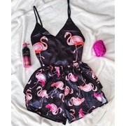 Шёлковая женская пижама с шортами Фламинго чёрная ( Шёлк Армани ) фото