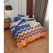 Семейный комплект постельного белья на резинке из сатина “Karina“ Оранжевый и синий с бирюзовым с зигзагами и фото