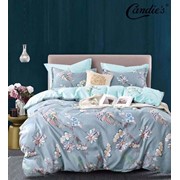Двуспальный комплект постельного белья из сатина “Candie's A+B“ Серо-голубой с узором из веточек с цветами и фотография
