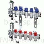 Коллекторный узел: коллектор регулирующий проходной фланцевый 1 1/4“ + коллектор запорный проходной фланцевый 1 1/4“, каждый по 7 отводов, НР 3/4“ и узел: слив, термометр и воздухоотводчик, артикул F фото