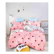 Семейный комплект постельного белья на резинке из сатина “Rossox“ Розовый с разноцветными сердечками с разными фото