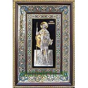 Ялтинская церковная мастерская Георгий Победоносец, святой великомученик, ростовая серебряная икона с золочением в киоте с эмалью Высота иконы 40 см фотография