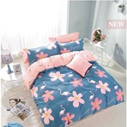 Семейный комплект постельного белья из сатина 130гр Синий с розовыми цветочками и фламинго и розовый с узором фото