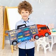 Детская машинка серии “Мой город“ (Автовоз - кейс 59 см, красный, с тоннелем. Набор из 6 машинок, 1 фуры и 12 фото