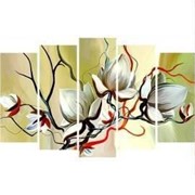 Пятипанельная модульная картина 80 х 140 см Белые цветочки на черных ветках и красная веточка на оливковом фотография