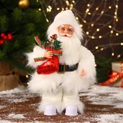 Дед Мороз “В меховом белом костюмчике, с мешком“ двигается, 11х30 см фотография