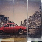 Модульная картина пятипанельная 80 х 125 см Красная ретро-машина под дождем фото