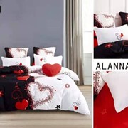 Двуспальный комплект постельного белья из сатина “Alanna“ Черно-белый с разными красными сердечками и узорами фото