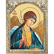 Храм Покрова Богородицы Рафаил Архангел, икона на сусальном золоте в серебряном окладе с позолотой Высота иконы 12 см Арочный оклад фото