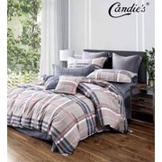 Двуспальный комплект постельного белья на резинке из сатина “Candie's“ Серо-бежевый в клетку с сине-красными фото
