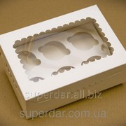 Коробка для 6 кексов, капкейков, маффинов с прозрачным окном.,255х180х90 мм, белая фотография
