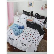 Комплект постельного белья Евро из сатина “Alorea A+B“ Белый и черный с маленькими разноцветными сердечками и фотография
