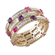 Золотое кольцо с рубинами, аметистом и бриллиантами фото