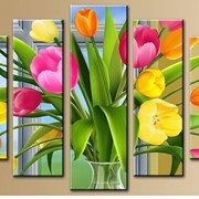 Пятипанельная модульная картина 80 х 140 см Букет рисованных разноцветных тюльпанов в стеклянной вазе фото