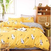 Полутораспальный комплект постельного белья из сатина “Lorida“ Желтый с белыми котиками и лапками и фотография