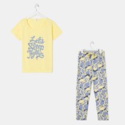 Комплект женский (футболка,брюки), цвет сливочно-жёлтый/серо-голубой, размер 44 фотография