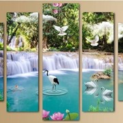 Пятипанельная модульная картина 80 х 140 см Небольшие водопады и белые птицы у водоема фото