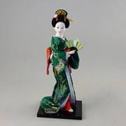 Кукла японская Гейша с веером в зеленом халате