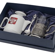 Чайный набор с подстаканником и фарфоровым чайником ЭГОИСТ-М, серебристый/белый фотография