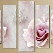 Пятипанельная модульная картина 80 х 140 см Бело-розовые розы и серебристая бабочка фотография