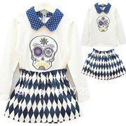 Одежда детская 2014 spring new girls long-sleeved T-shirt + plaid skirt suit two sets of children&#39-s clothing wholesale skull suit free shipping, код 1652786461 фотография