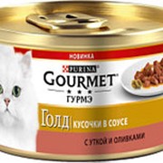 Gourmet 85г конс. Голд Кусочки в соусе Влажный корм для взрослых кошек Утка и оливки фотография