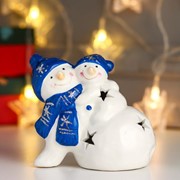 Сувенир керамика свет 'Снеговички, синие колпаки и шарфы' 10х12х8 см фото