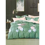 Комплект постельного белья Евро на резинке из сатина “Boris“ Зеленый с розовыми и голубыми цветочками с фотография