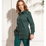Блузка-рубашка зеленая классическая из хлопка с длинными рукавами А 6180.02 р. 40-58 фотография