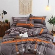 Семейный комплект постельного белья из сатина “Lorida“ Темно-серый с оранжевыми и светло-серыми полосками в фото