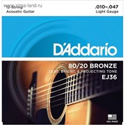 Струны для акустической гитары D`Addario EJ36 BRONZE 80/20 12-srt Light 10-47 фото