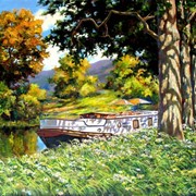 Пейзаж маслом на холсте виды Франции, река, лес, горы, баржа фото