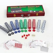 Набор для покера в деревянном кейсе (500 фишек с номиналом, 2 кол.карт,5куб) фото